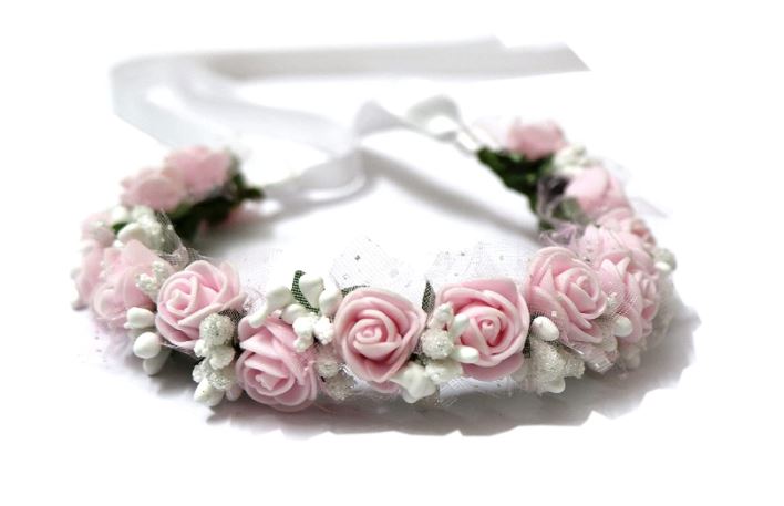 white and pink flower hairband 